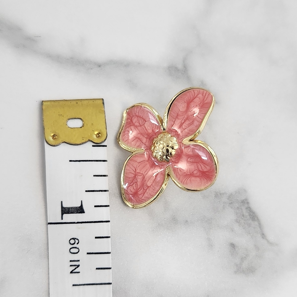 Gold & Pink Enamel Floral Stainless Steel Stud Earrings - Picture 6 of 10